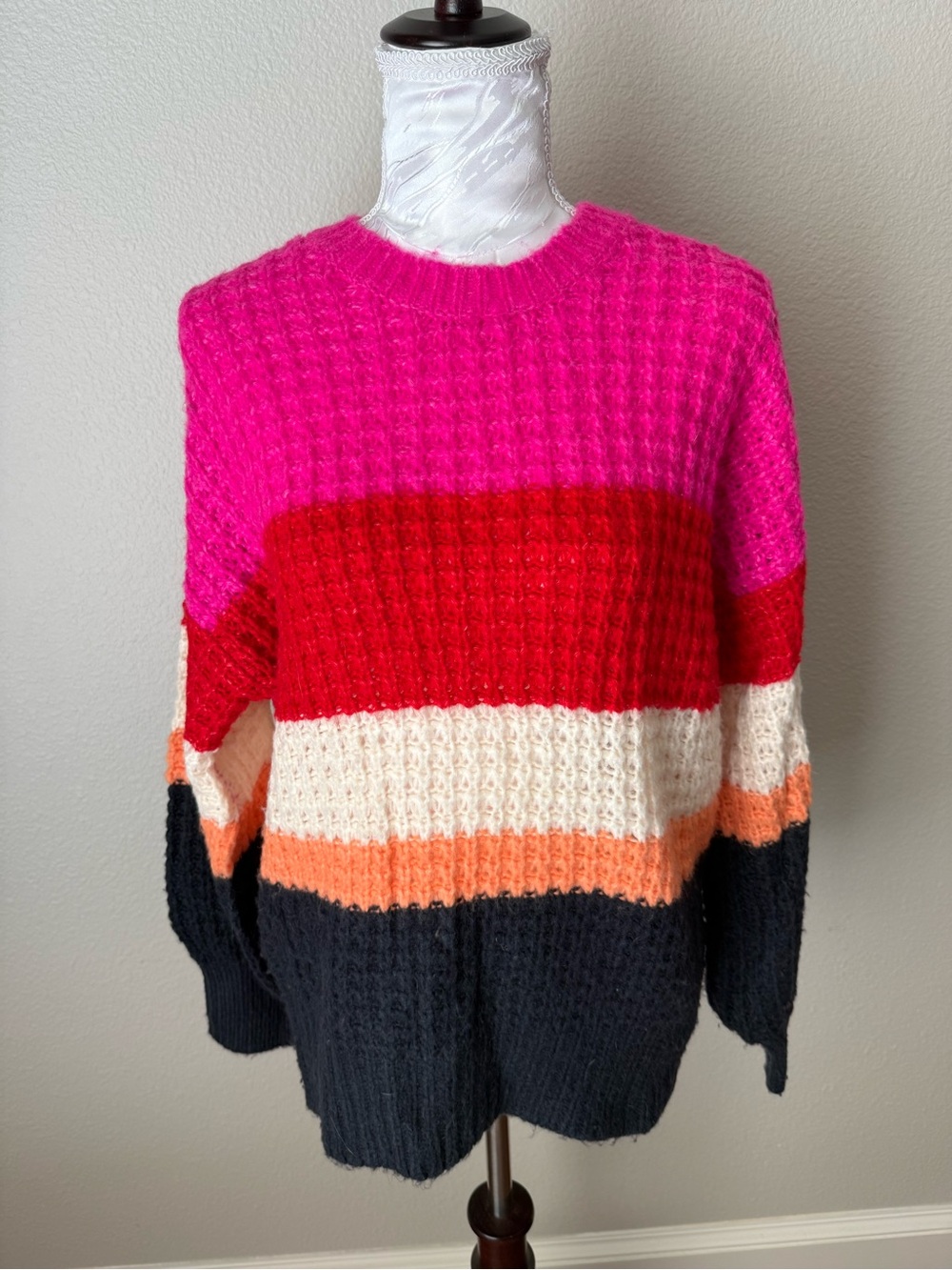 Colorblock Waffle-Knit Sweater - Pink/Red/White/Orange/Black
